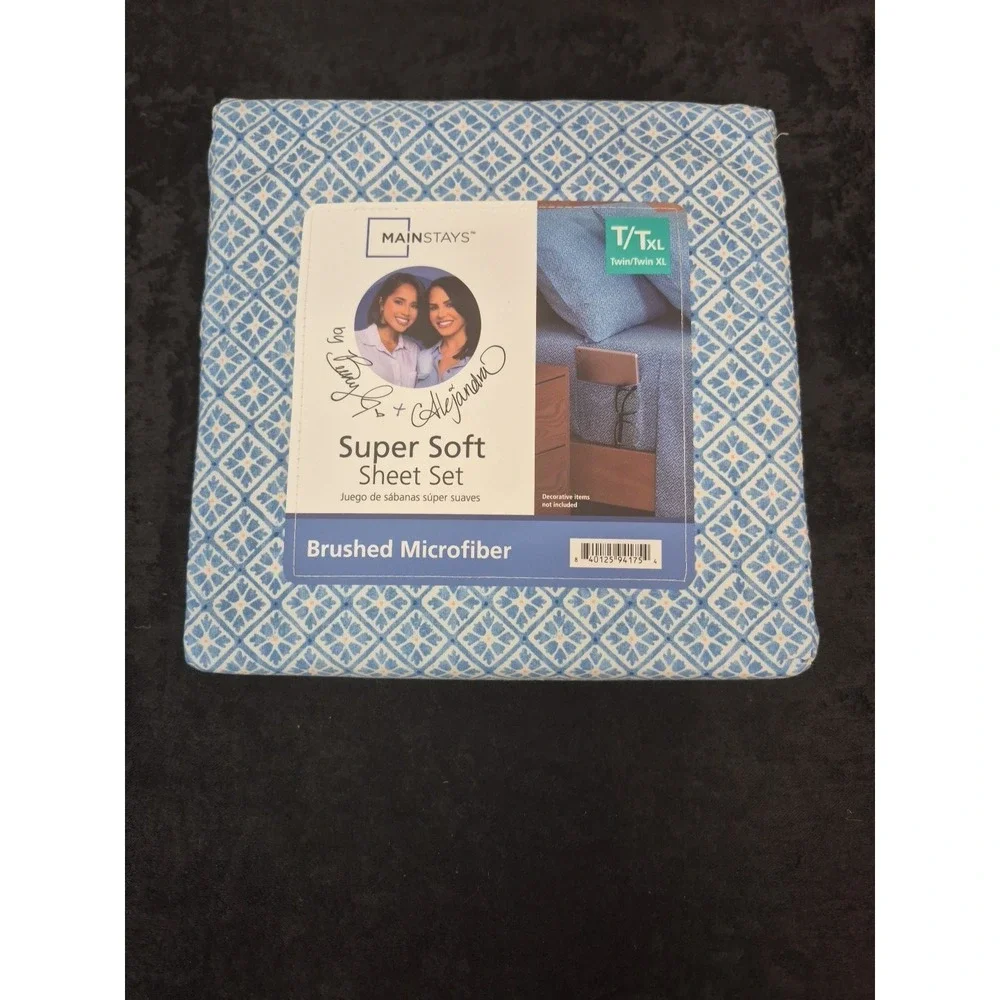 MAINSTAYS Super Soft‎ Sheet Set T/TXL BRUSHED MICROFIBER Blue Cool Geo/ New